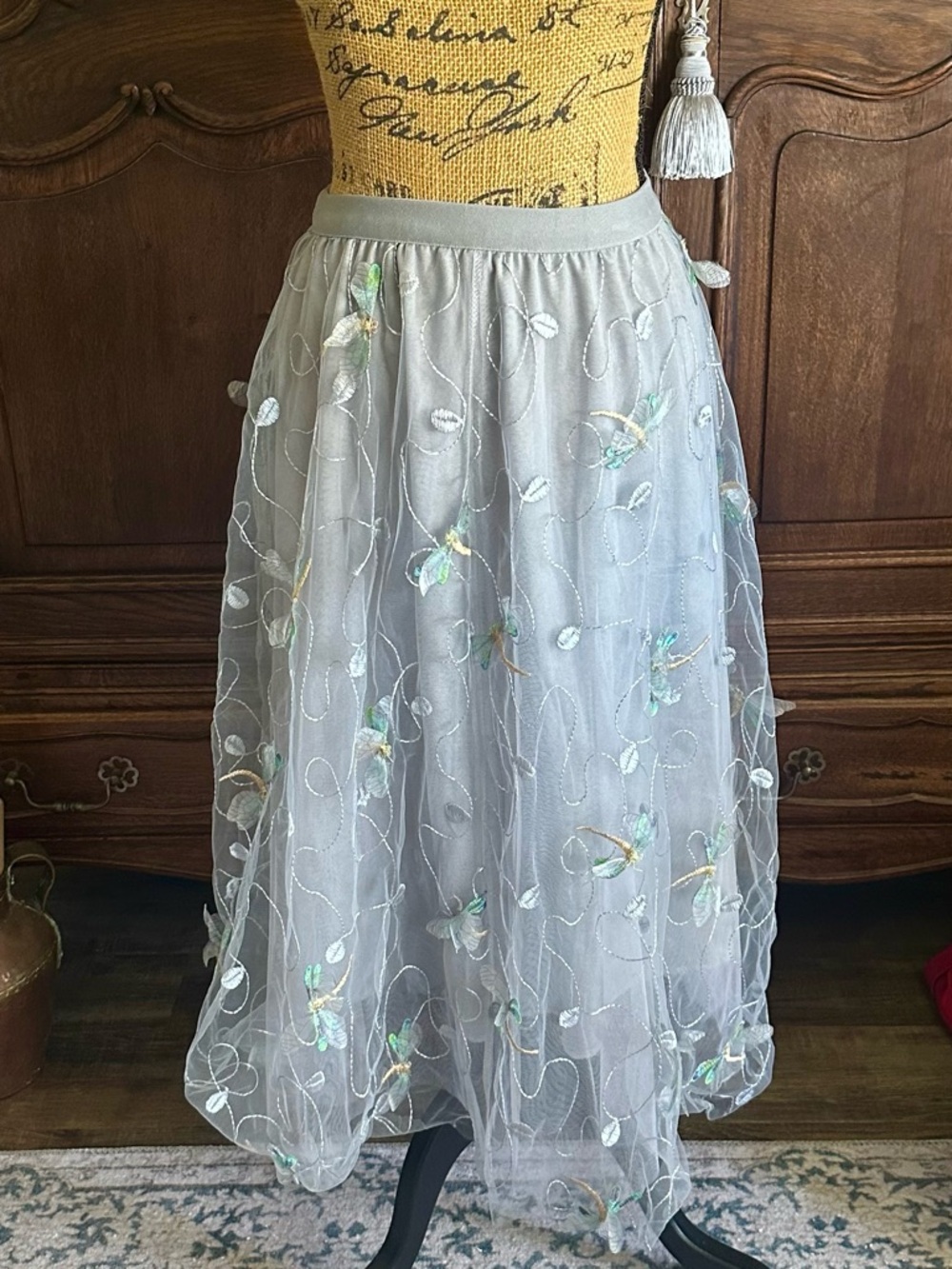 Light Gray Embroidered Tulle Midi Skirt